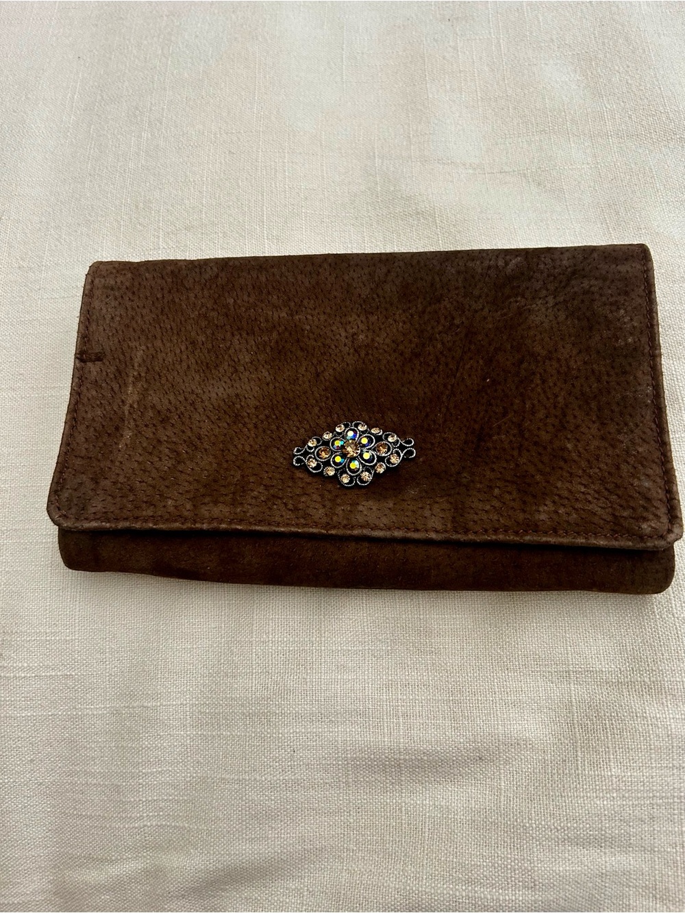 Brown Suede Clutch with Decorative Jewel Accent